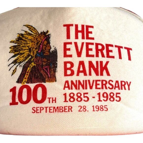 Vintage The Everett Bank Anniversary 1885-1985 Red Hat Trucker Mesh Back S Brand - Picture 2 of 6